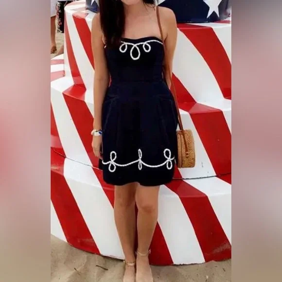 LILLY PULITZER Strapless Navy A-Line Dress with White Trim - Picture 6 of 13
